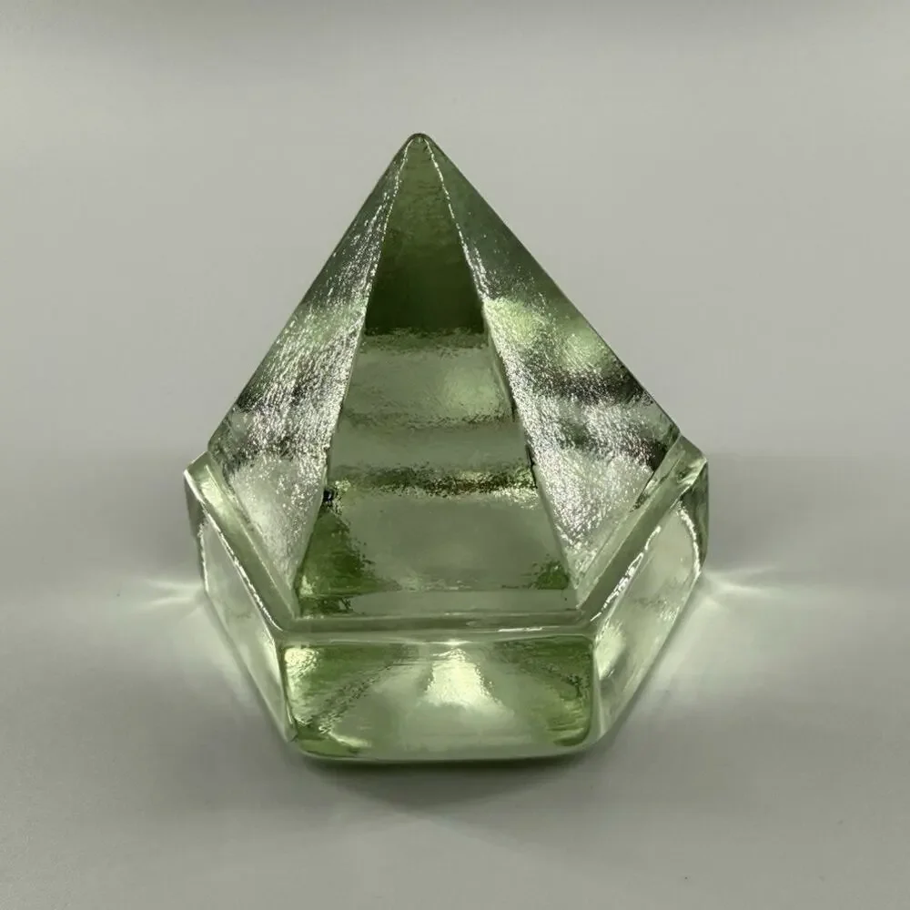 Vintage Green Glass Pyramid Paperweight Geometric Art Glass Sculpture Decor
